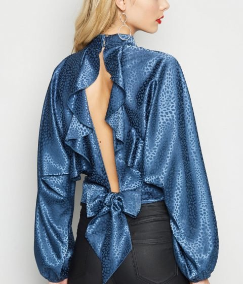 Navy Jacquard Spot Satin Ruffle Back - Image 1